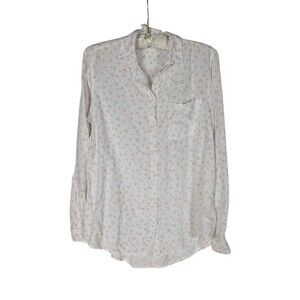 beachlunchlounge Button Down L Women's White Heart Print Long Sleeve Blouse Vday